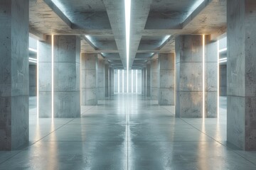 Naklejka premium Digital visualization of modern abstract building with cement columns and glowing roof