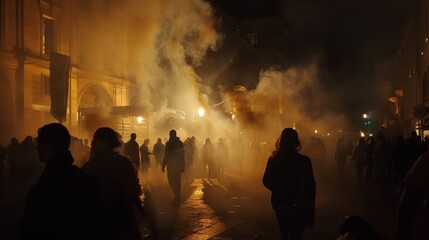 The haze of smoke lingers in the air after the fireworks, a silent testament to the night's festivities.