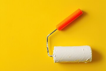 Fototapeta premium White paint roller and bright orange paintbrush set on vibrant yellow canvas - essential supplies for diy home renovation and interior styling