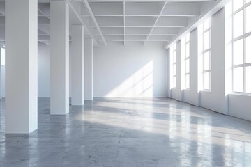 Contemporary interior featuring white walls and concrete floors, perfect for art display or gallery with vibrant lighting. 3d visualization