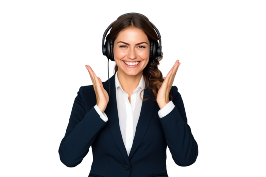 The business woman looks smiling, happy and congratulated. Clap your hands to congratulate on a white background