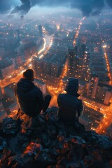 Fototapeta premium Two kids from the world of the future overlooking bright, sustainable, green futuristic city