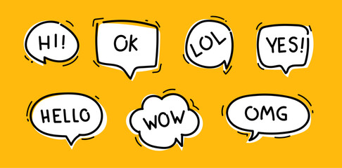 Set of doodle speech bubble with text in hand drawn style. Balloon text frame decoration set. Hand drawn speech bubble collection