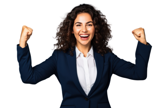 The business woman looks smiling, happy and congratulated. Clap your hands to congratulate on a white background