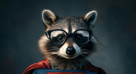 Obraz premium Close up portrait of a raccoon in a superman costume wearing glasses. Funny character for your game or story 