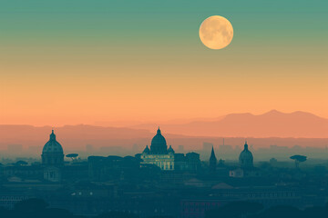 Obraz premium City Silhouette at Dusk, Roma Silhouette, Italy City, Classical European architecture, Sunset over the city