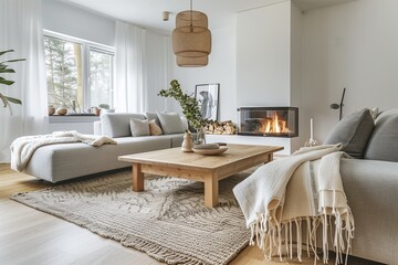 A modern living room with Scandinavian design elements, including a light gray sofa, a wooden coffee table, a cozy rug, a fireplace, and minimalist decor with neutral tones.