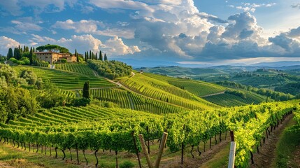 Fototapeta premium Vineyard Landscape in Tuscany with a Farmhouse - A picturesque view of a vineyard landscape in Tuscany with a farmhouse in the distance. - A picturesque view of a vineyard landscape in Tuscany with a 