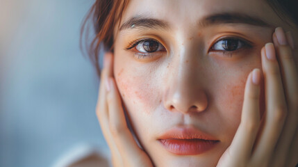 Dermatology, expression face worry, stressed asian young woman hand touching face at dark spot of melasma, freckle from pigment melanin, allergy sun. Beauty care, skin problem treatment