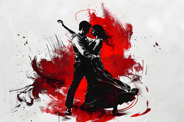 Graphic of Couple in Passionate Tango Dance. . Ink Painting in Black and Red.