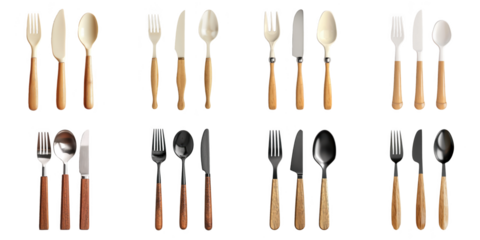 Wooden spoon fork knife isolated 3d mockup without background using for all purpose.