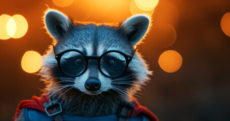 Close up portrait of a raccoon in a superman costume wearing glasses. Funny character for your game or story	
