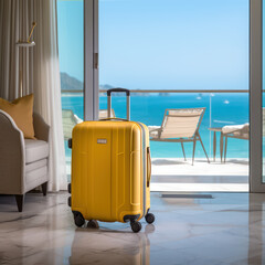 yellow suitcase  in the high end  hotel window looking  on the beach travel app advertising photo ocean background