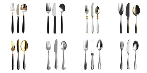 Elegant spoon fork knife png collection in 3d transparent for product presentation.