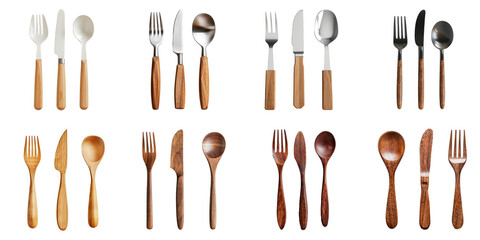 Set of wooden spoon fork knife png mockup in 3d without background for decoration.