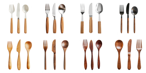Set of wooden spoon fork knife png mockup in 3d without background for decoration.