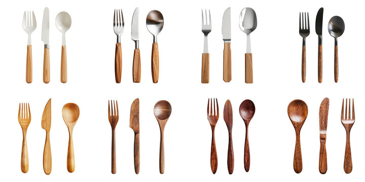 Set of wooden spoon fork knife png mockup in 3d without background for decoration.