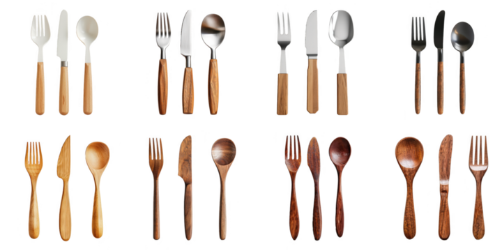 Set of wooden spoon fork knife png mockup in 3d without background for decoration.