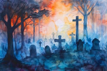 Watercolor Painting of a Graveyard at Dusk - A watercolor painting depicts a graveyard with towering trees and crosses against a vibrant sunset. - A watercolor painting depicts a graveyard with toweri