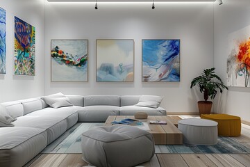 Artist's living room in minimal style with artworks
