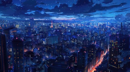 Detailed anime scene of urban lights twinkling in the darkness, showcasing a modern city's vibrant nightlife