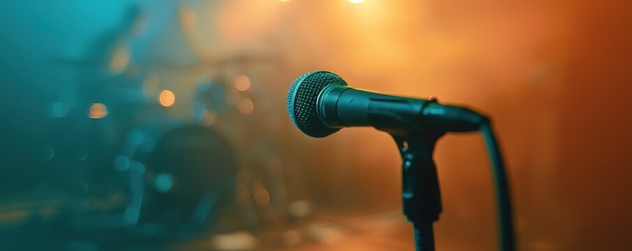 Microphone on stage with colorful backlight and bokeh