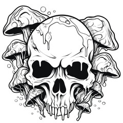 Bold outline of magic mushrooms growing on a skull