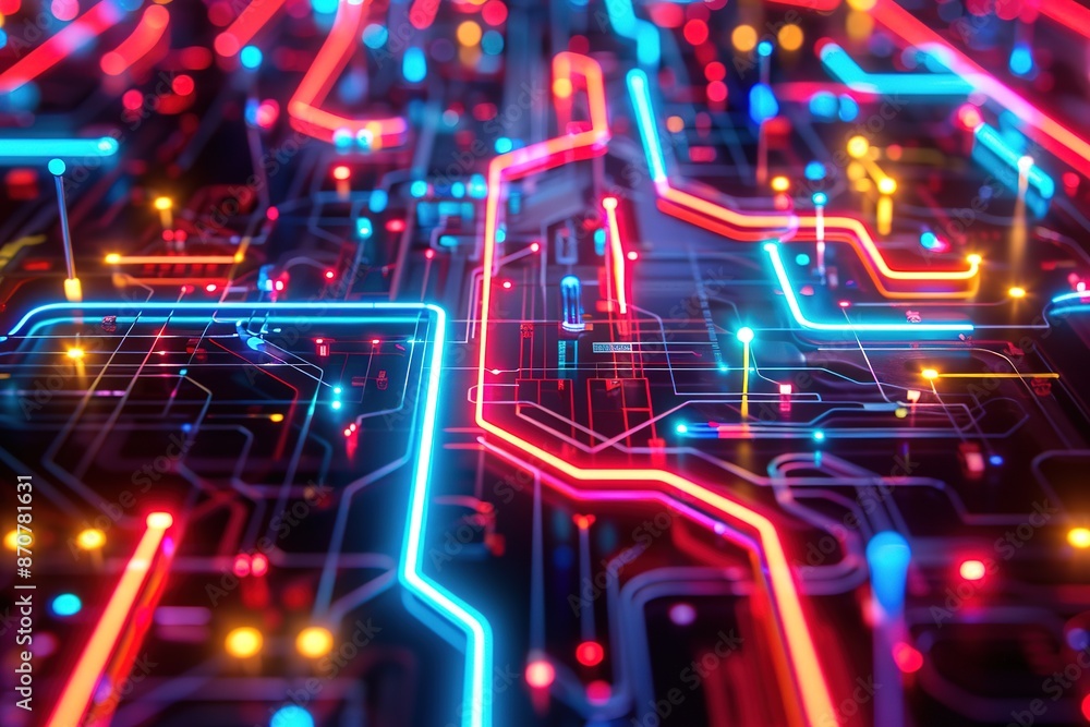 Poster vivid neon circuit board with glowing lines and nodes