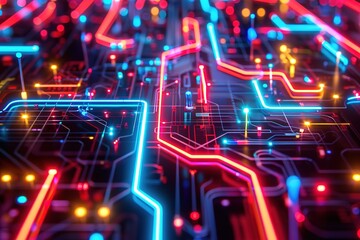 Obraz premium Vivid neon circuit board with glowing lines and nodes