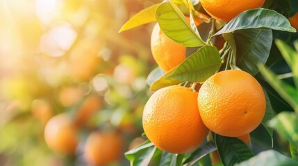 Close-up of ripe oranges hanging from a tree branch, bathed in warm sunlight.