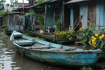 Obraz premium A wooden boat sits in a flooded street in front of a house on stilts in a developing country
