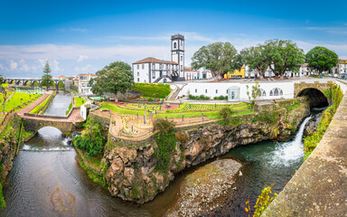 Central square of Ribeira Grande and the Bridge Ponte dos Oito Arcos, Sao Miguel Island, Azores...