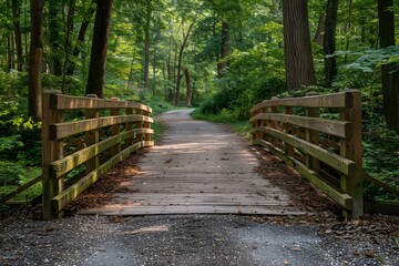Wooden bridge in the middle of a lush green forest
