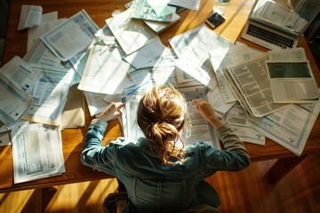 Overhead view of woman surrounded by scattered papers