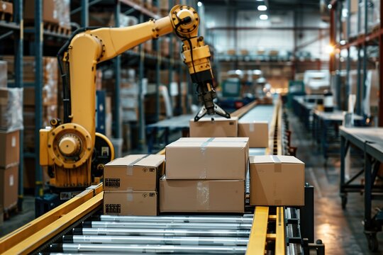 Robotic arm handling boxes at automation conveyor in factory