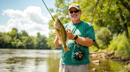 A man in a green T-shirt and gray shorts holds up fish with a fishing rod on a river bank on a sunny day