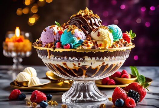 extravagant ice cream sundae overflowing delicious toppings, sweet, dessert, cold, frozen, treat, tasty, confectionery, tempting, yummy, colorful, decadent