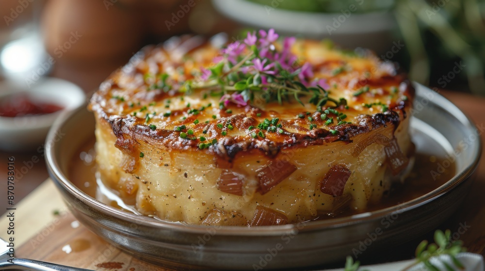 Poster Zoom in on a plate of classic French onion soup, featuring caramelized onions, rich beef broth, and a bubbling layer