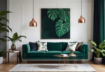 Warm and Cozy Composition of spring living room interior with mock-up poster frame, wooden sideboard, white sofa, green stand, base with leaves, plants, and stylish lamp. Generative AI