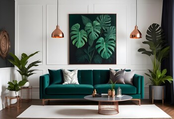 Warm and Cozy Composition of spring living room interior with mock-up poster frame, wooden sideboard, white sofa, green stand, base with leaves, plants, and stylish lamp. Generative AI