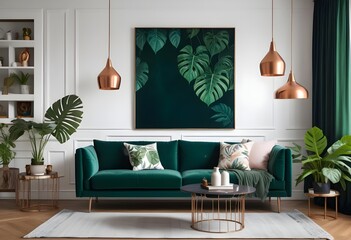 Warm and Cozy Composition of spring living room interior with mock-up poster frame, wooden sideboard, white sofa, green stand, base with leaves, plants, and stylish lamp. Generative AI