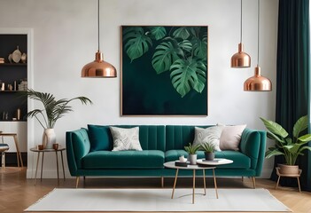 Warm and Cozy Composition of spring living room interior with mock-up poster frame, wooden sideboard, white sofa, green stand, base with leaves, plants, and stylish lamp. Generative AI