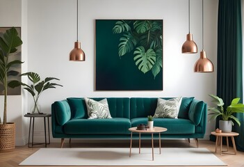 Warm and Cozy Composition of spring living room interior with mock-up poster frame, wooden sideboard, white sofa, green stand, base with leaves, plants, and stylish lamp. Generative AI