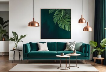 Warm and Cozy Composition of spring living room interior with mock-up poster frame, wooden sideboard, white sofa, green stand, base with leaves, plants, and stylish lamp. Generative AI