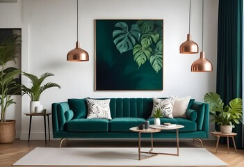 Warm and Cozy Composition of spring living room interior with mock-up poster frame, wooden sideboard, white sofa, green stand, base with leaves, plants, and stylish lamp. Generative AI