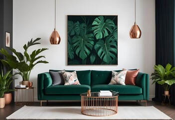 Warm and Cozy Composition of spring living room interior with mock-up poster frame, wooden sideboard, white sofa, green stand, base with leaves, plants, and stylish lamp. Generative AI