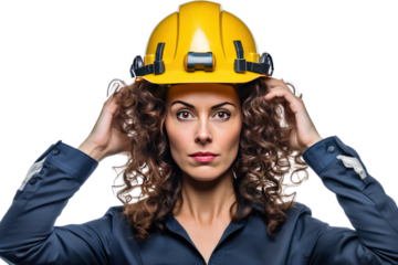 Photograph of a female engineer wearing a helmet Demonstrates creativity and expertise on a white background