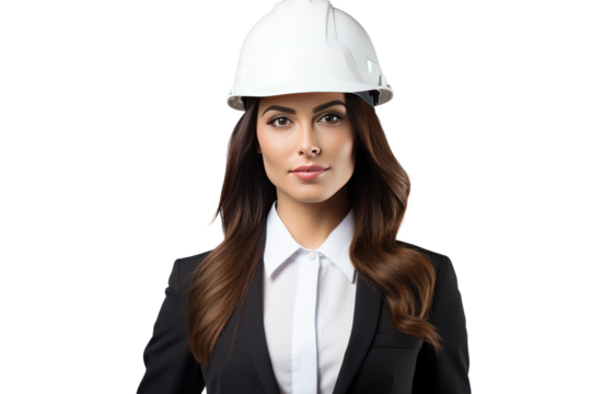 Photograph of a female engineer wearing a helmet Demonstrates creativity and expertise on a white background