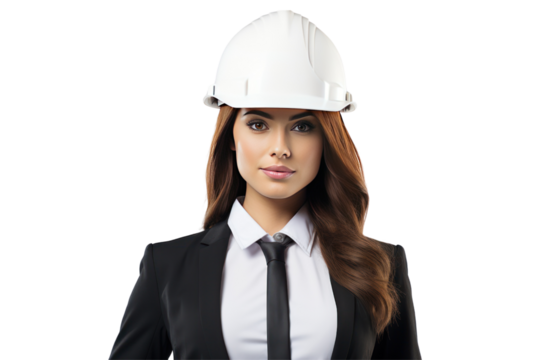 Photograph of a female engineer wearing a helmet Demonstrates creativity and expertise on a white background
