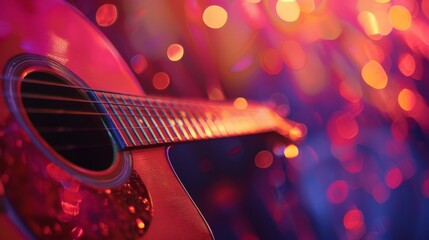 Obraz premium acoustic guitar close-up on a beautiful colored background